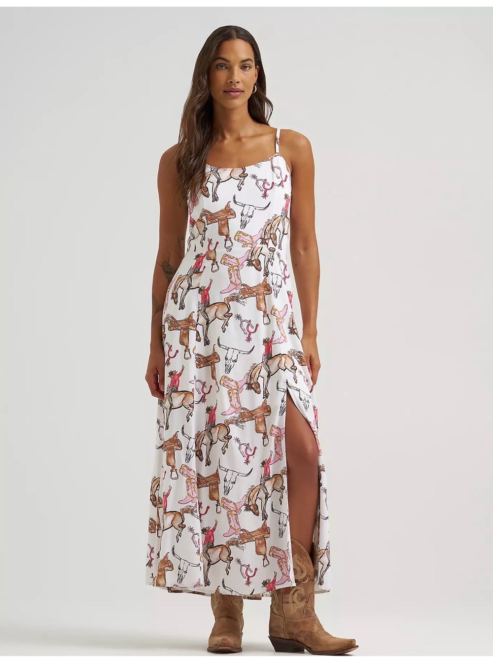 Wrangler White Horse Print Maxi Slip Dress with Pink Accents